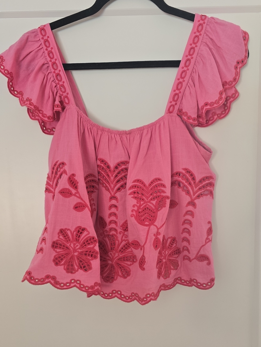Pink Embroidered Flutter Sleeve Women's Top